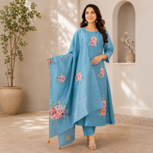 Sky Blue Floral Printed Kurta Pant Dupatta Set