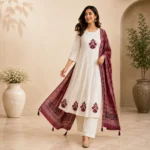 Cream Embroidered Kurta Pant Set with Printed Dupatta