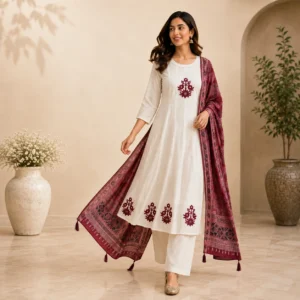 Cream Embroidered Kurta Pant Set with Printed Dupatta